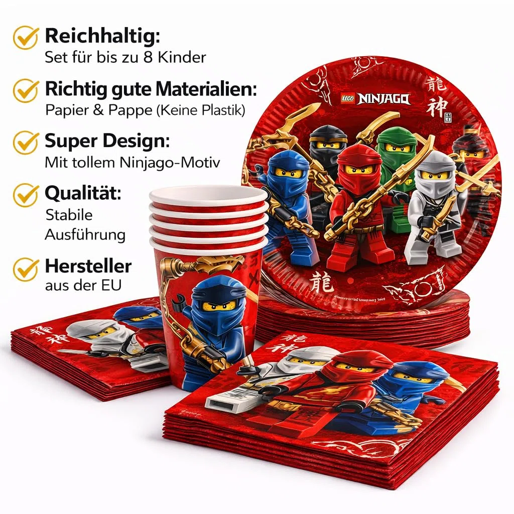 36-tlg. Party-Set * NINJAGO * mit Pappteller + Servietten + Pappbecher für Kindergeburtstag und Mottoparty | Teller Becher Party Dekoration Geburtstag