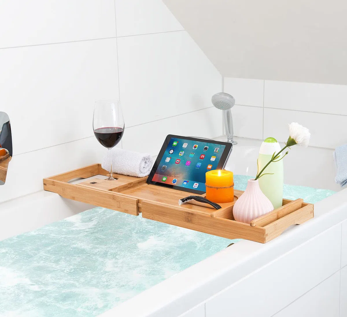 Badewanne Buchhalter: Verstellbare Badewannen-Ablage aus Bambusholz, 75-109 cm Breite (Badewannenhalter, Badewannentablett, Wein)