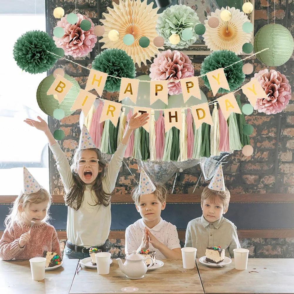 Geburtstagsdeko Salbeigrün Rosa Mädchen Party Deko Geburtstag Grün Rosa Frau Retro Boho Geburtstagsdeko Olivgrün Rosa mit Happy Birthday Banner Beige Gold Salbei Creme Dusty Rose Quaste Girlande