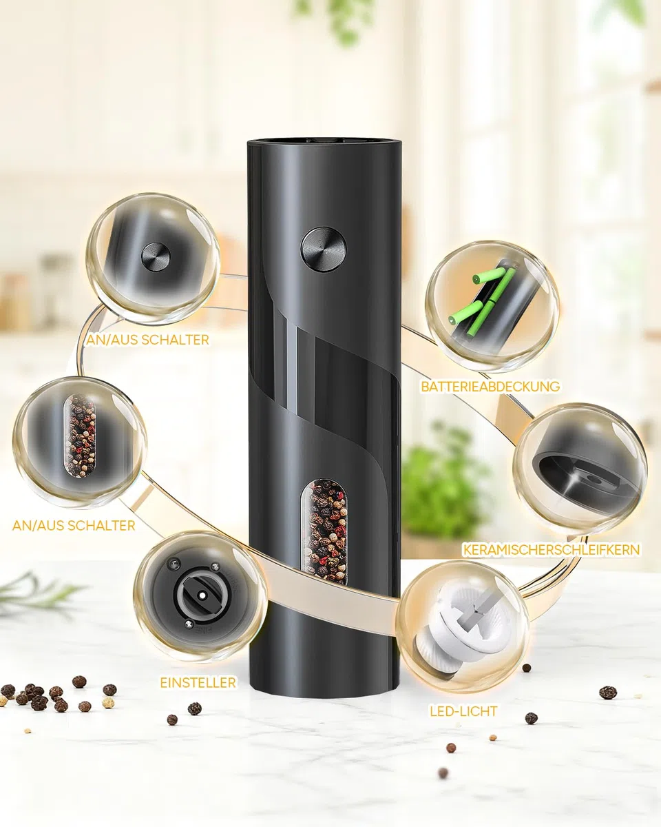 Elektrische Salz- und Pfeffermühle, Top-Befüllung 5-stufige Mahlgrad-Einstellung, 120ml Großes Fassungsvermögen, 2er Set Pfeffermühle Batteriebetriebenen - Komplett mit Sockel und weißem LED-Licht