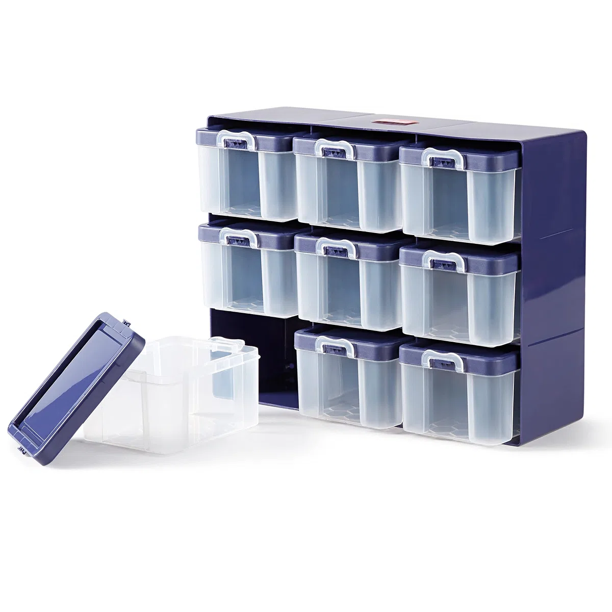Prym 612399 Sortierkasten mit 9 Boxen, Organizer für kleinteiliges Nähzubehör, Pflaumeblau/Transparent