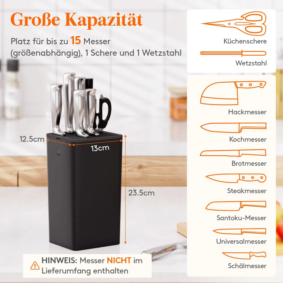 Lifewit Messerblock ohne Messer,Messerhalter für bis zu 15 Messer mit Schlitz für Messerschärfer,Kunststoff Messerständer mit Abflusslöcher, Rutschfeste Füße für Küchenarbeitsplatte,13x12.5x23.5CM