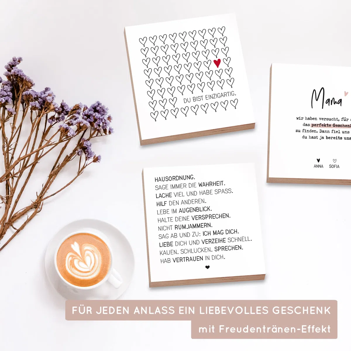 Wunderpixel® Holzbild Hausordnung - 15x15x2cm zum Hinstellen/Aufhängen, Spruch auf Holz - schwarz-weißes Wand-Bild Aufsteller zur Dekoration Zuhause oder als Geschenk-Idee