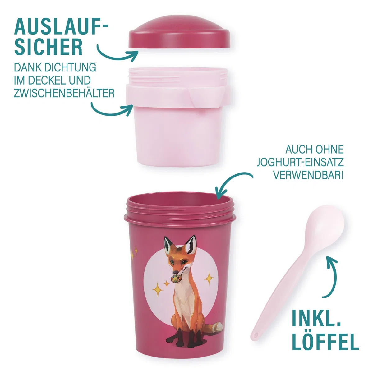 AWAVE Die Schule der Magischen Tiere Müslibecher To Go 540 ml rPET Becher mit Löffel für Joghurt Müsli Früchte, Auslaufsicher, Lunchpot für Schule Kindergarten Büro Picknick Reise, Pink Rabbat