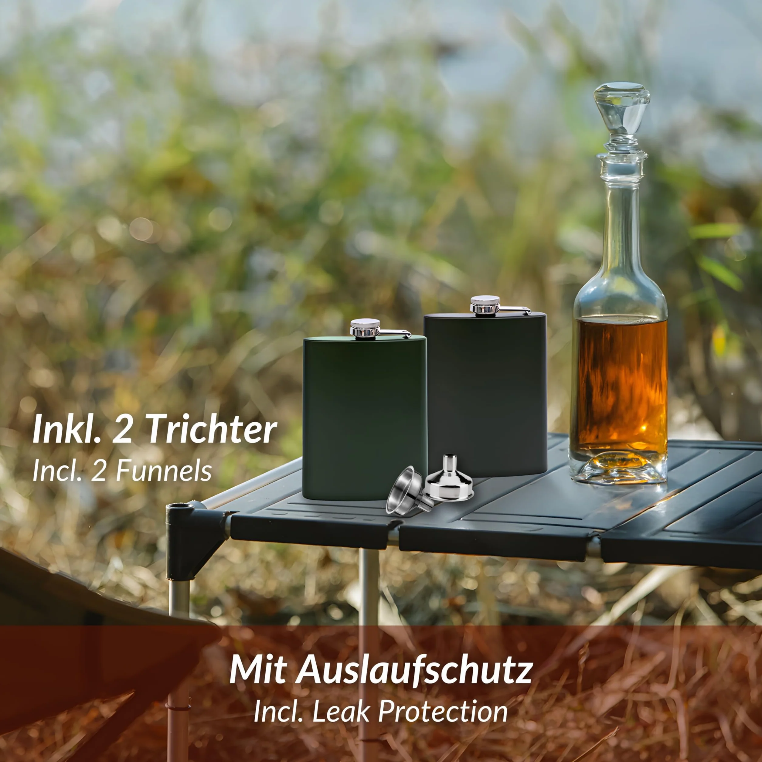 2x Edelstahl Flachmann mit Trichter im Set - 8oz. 227 ml - rostfrei - in Matt-Schwarz und Matt-Grün - edles Militär Design - für Schnaps und Alkohol jeder Art (2er Set)