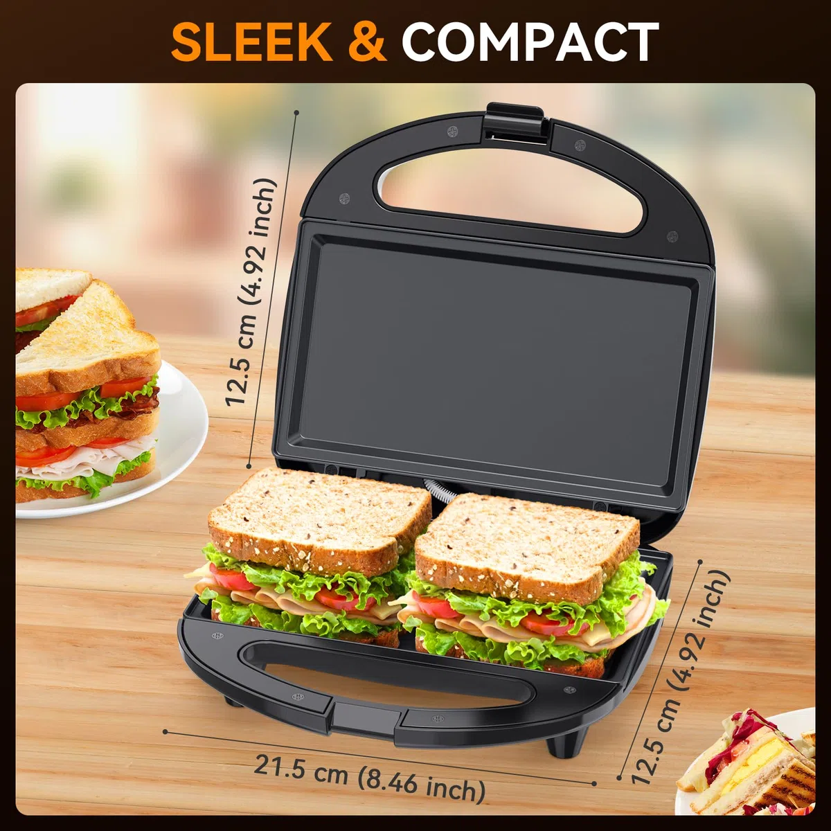 Snailar Sandwichtoaster, 2 Scheiben Sandwichmaker mit Flachplatten, Antihaft, Kühler Griff, 750W, Schwarz