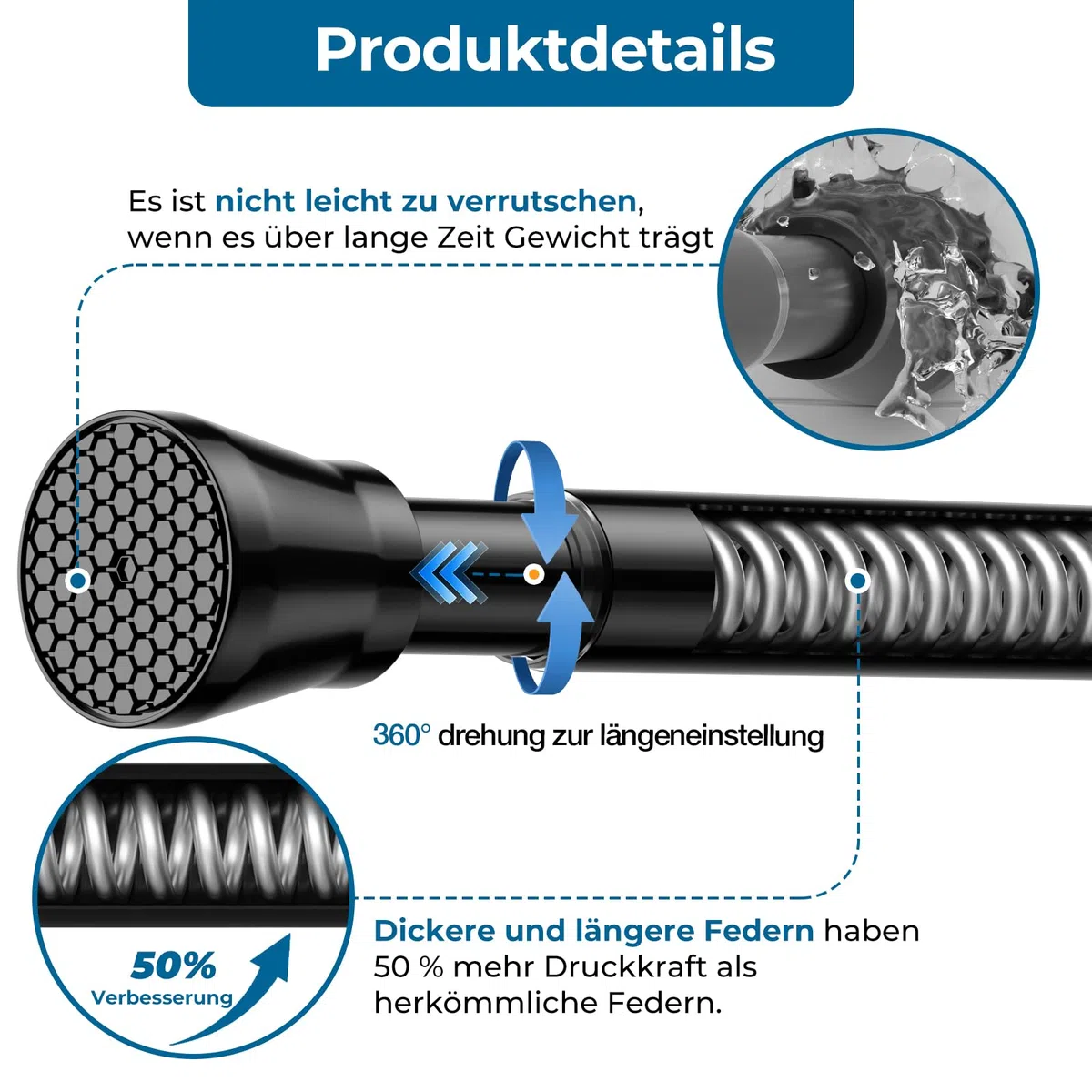 AIZESI 2 Stück Gardinenstange ohne Bohren 75-163cm, verstellbare Duschvorhangstange Ø 22mm, rutschfeste Teleskopstange für Fenster, Badezimmer & Kleiderschrank (Schwarz)