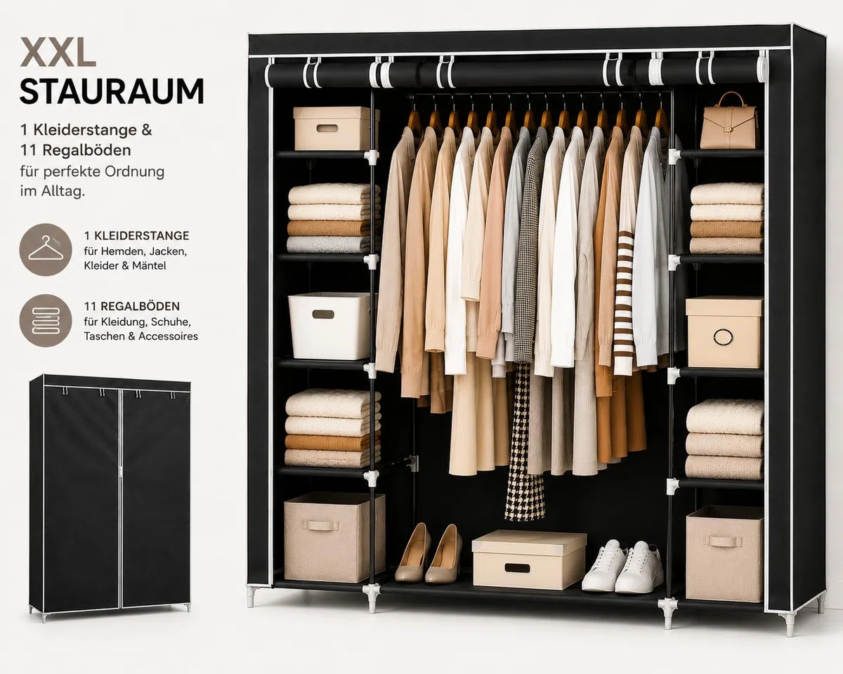 Stoffschrank (XXL)| Faltbarer kleiderschrank mit Kleiderstange und 11 Einlegeböden | schwarzer Kleiderschrank mit aufrollbarer Reißverschlusstür und vielen Montagemöglichkeiten