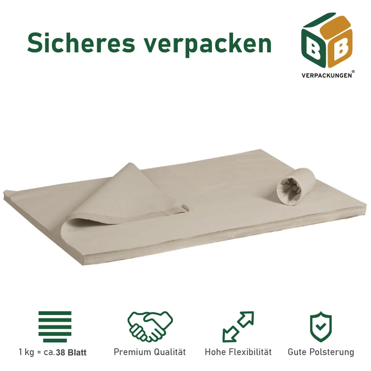 BB-Verpackungen 5 kg Seidenpapier Packseide LARGE 75 x 100 cm 35 g/m² (5kg ca. 190 Blatt) | Packpapier in Industriequalität für Umzug und Versand aus 100% recyceltem Material