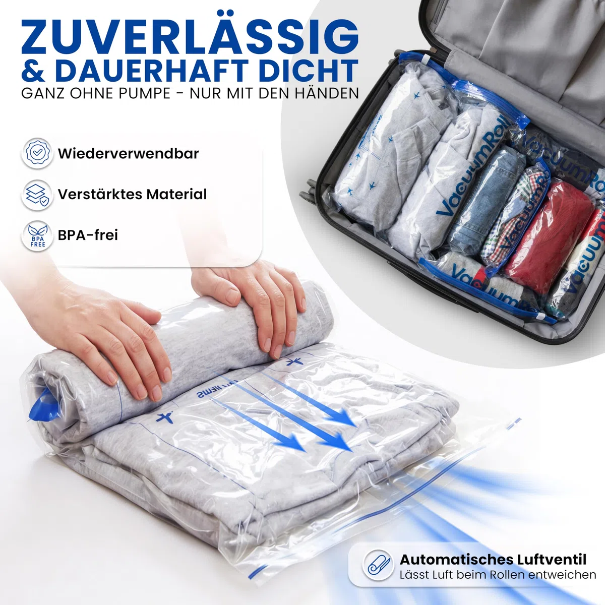 myHodo Vakuumierbeutel zum Rollen (14 Stück) für Kleidung (3 Größen - 70x50 60x40 50x35cm), Kompressionsbeutel, große Reise Vakuumbeutel, Vacuum Storage Bags, Kleiderbeutel für Reisen & Rucksack