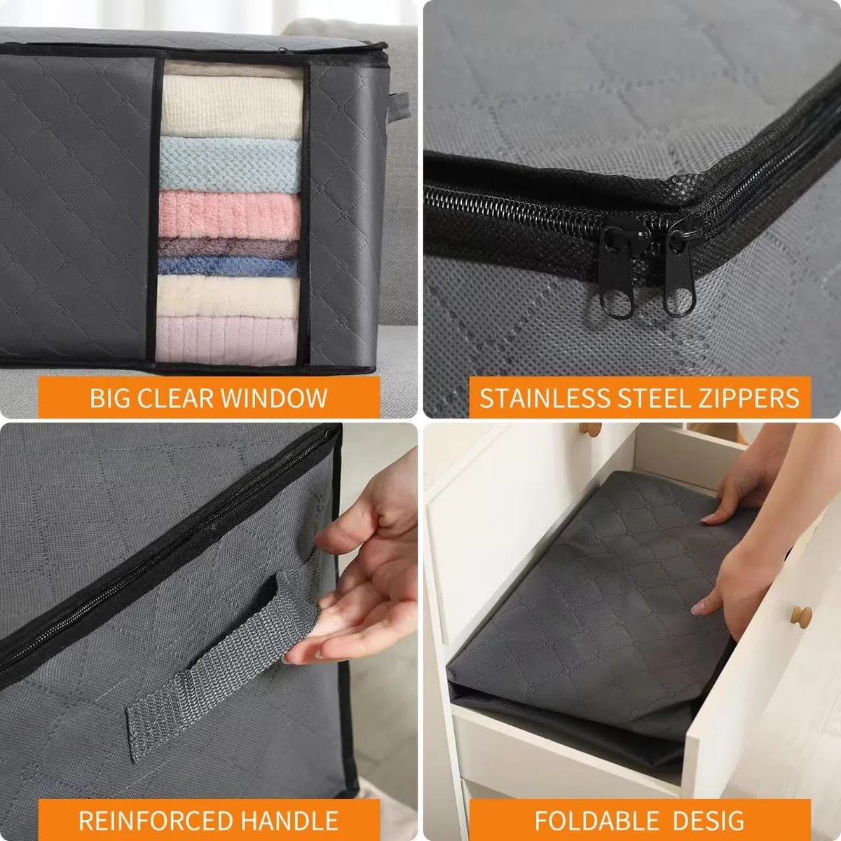 6 Stück 60L Aufbewahrungstasche, Aufbewahrungsbox mit Deckel, Große Kleideraufbewahrung Umzugskartons, Faltbare Aufbewahrung Boxen für Bettdecken Decken Kleidung Unterbett Kleiderschrank