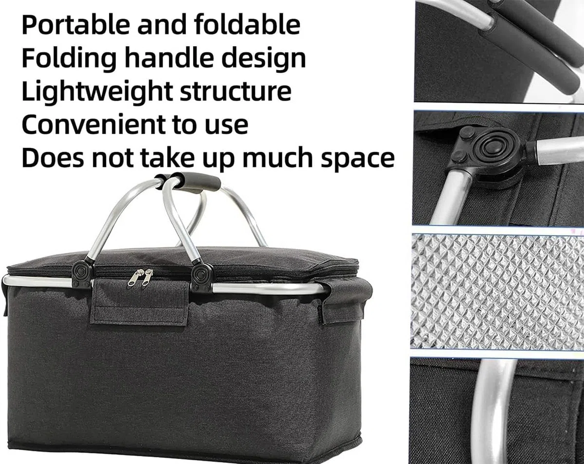 Einkaufskorb Faltbar 18L, Einkaufskorb mit Kühlfunktion, Kühlbox Tragbare mit Gepolsterten Griffen,Thermo als Picknickkorb,Tragekorb,für Einkaufen,Picknick,Reisen(Schwarz)