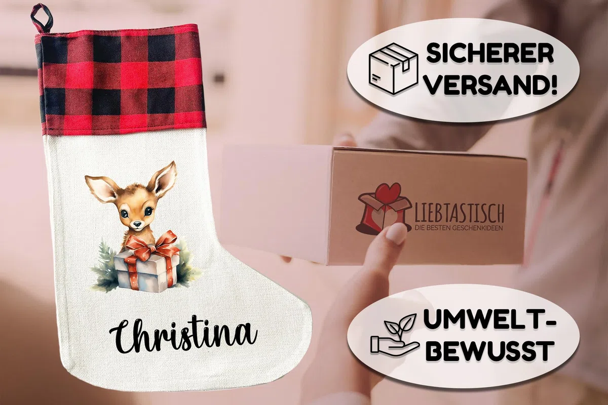 LIEBTASTISCH - Personalisierte Weihnachtssocken mit Tieren - 40cm x 30cm - Weihnachtsstrumpf zum Nikolaus oder Weihnachten - Namen - Geschenkbeutel - Nikolausstiefel zum Aufhängen (REH)