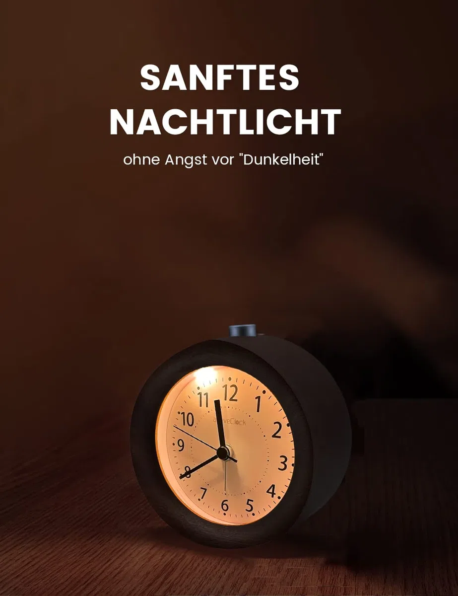 aboveClock Wecker Analog Ohne Ticken, Wecker Holz mit Snooze, Nachttisch Tischuhr mit Nachtlicht, reisewecker mit Batteriebetriebe (1*AA-Batterie benötig) - Naturholz in Hellbraun