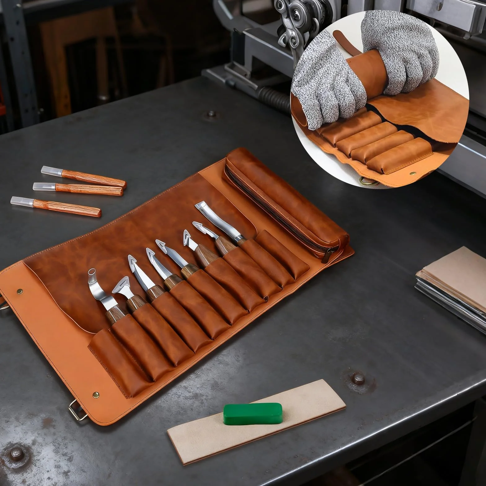 Holzschnitzset, 14-teiliges Holzschnitzwerkzeug mit Aufbewahrungstasche aus Leder, mit 8 Schnitzmessern & 3 Detailschnitzmessern & Wetzstein & Abziehleder für Anfänger und Enthusiasten