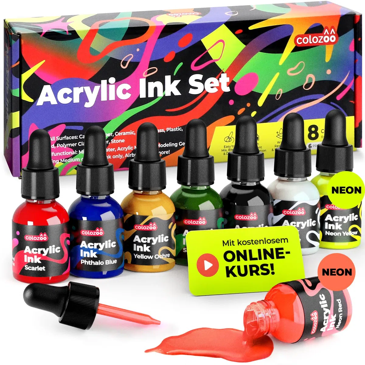 Colozoo 8x20ml Acrylic Ink Set, Permanent, Wasserfeste, Acryltinte inklusive 6 Primärfarben & 2 Neon Farben, Flüssige Acrylfarbe für Airbrush, Gießkunst, Acrylmedium, Acryl Ink für Alle Oberflächen