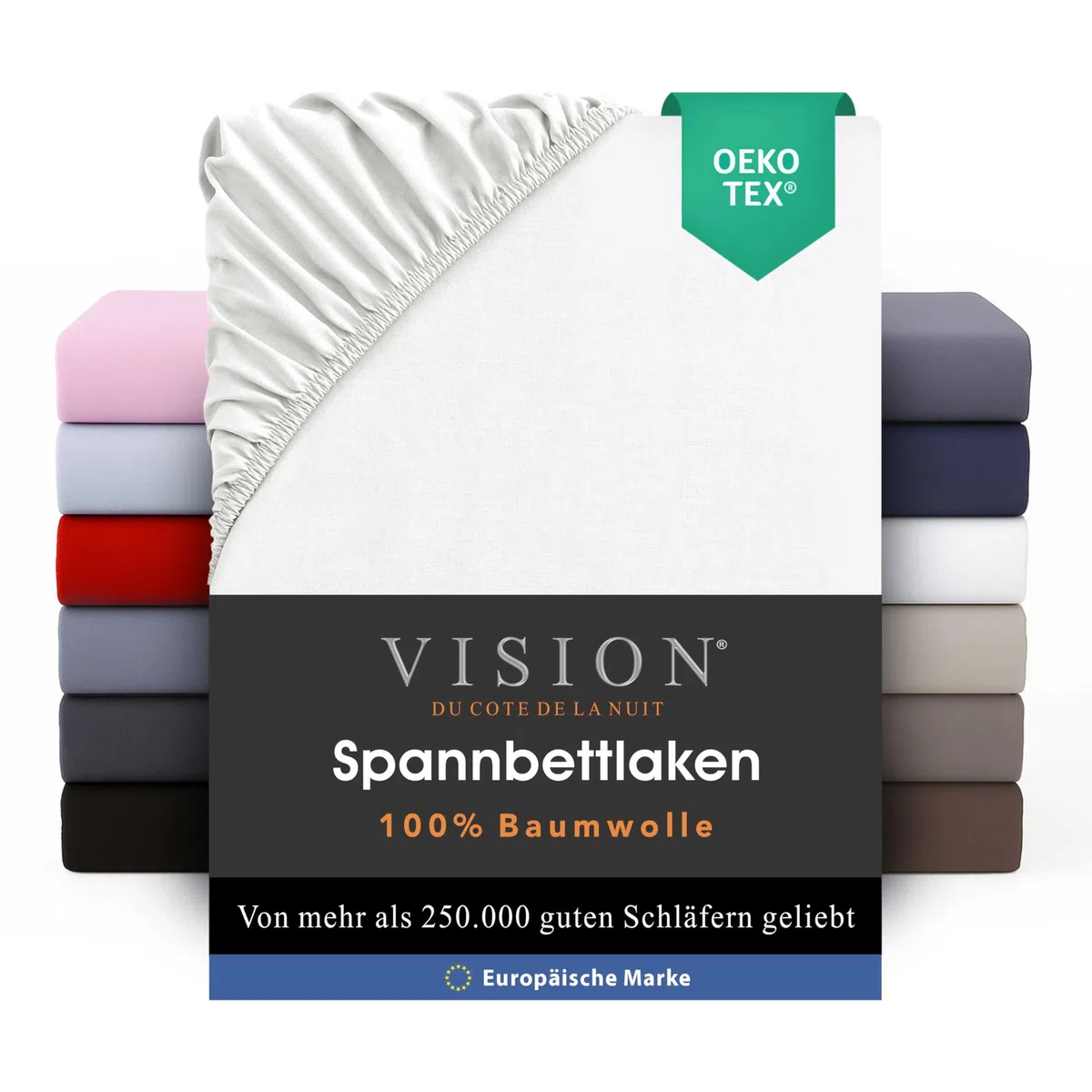 VISION Spannbettlaken – 100% Baumwolle – Doppelbett (160 x 200 cm) – Elastische Ecken – Passend für Matratzen bis zu 25 cm – Öko-Tex-Zertifizierung – Maschinenwaschbar – Farbe: Weiß