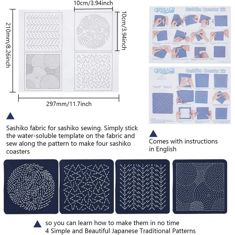 FREEBLOSS 4 Set Sashiko Untersetzer Set Mit 12 PET Schablonen. Vollständiges Stickset Inklusive Faden 16 Nadeln Wasserlöslichen Schablonen Und Stoff. Sashiko Für Erwachsene Mit Anleitung