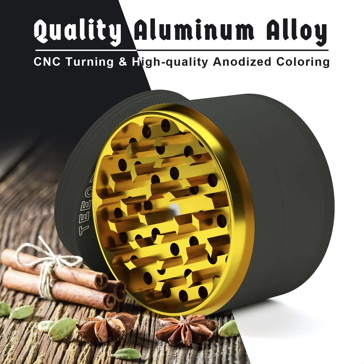Pollen Grinder Crusher Ø 75 mm aus Aluminiumlegierung mit 4-Teilig, für Spice, Kräuter, Gewürze, Herb, Kaffee mit Pollen Scraper und Pinsel (Schwarz & Gold)