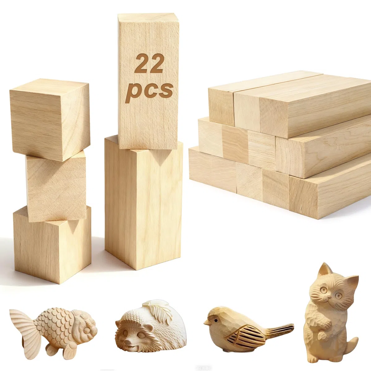 Schnitzholz Linde,22er Pack Holzklötzchen,3 Größen Lindenholz zum Schnitzen,Schnitzholz Rohlinge Set für Anfänger,Holz zum Basteln, DIY, Figuren & Holzschnitzen