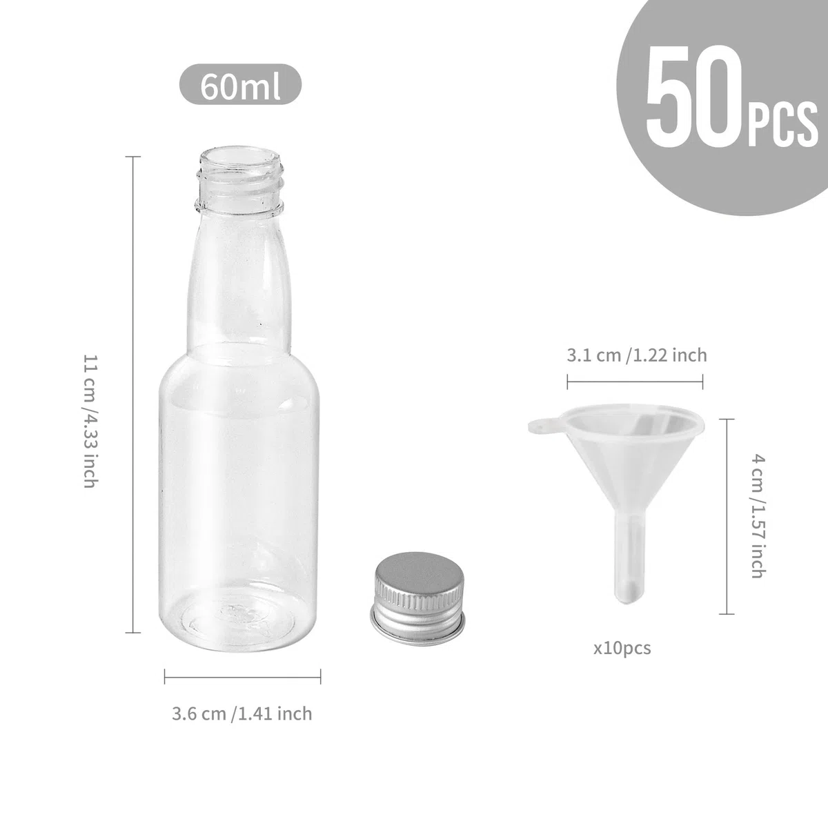50 Stück Kleine Fläschchen zum Befüllen Kunststoff für Likör, 60 ml Mini Schnapsflaschen Likörflaschen mit Silber Deckel und Trichter, Plastik für Hochzeiten, Partys, Reisen