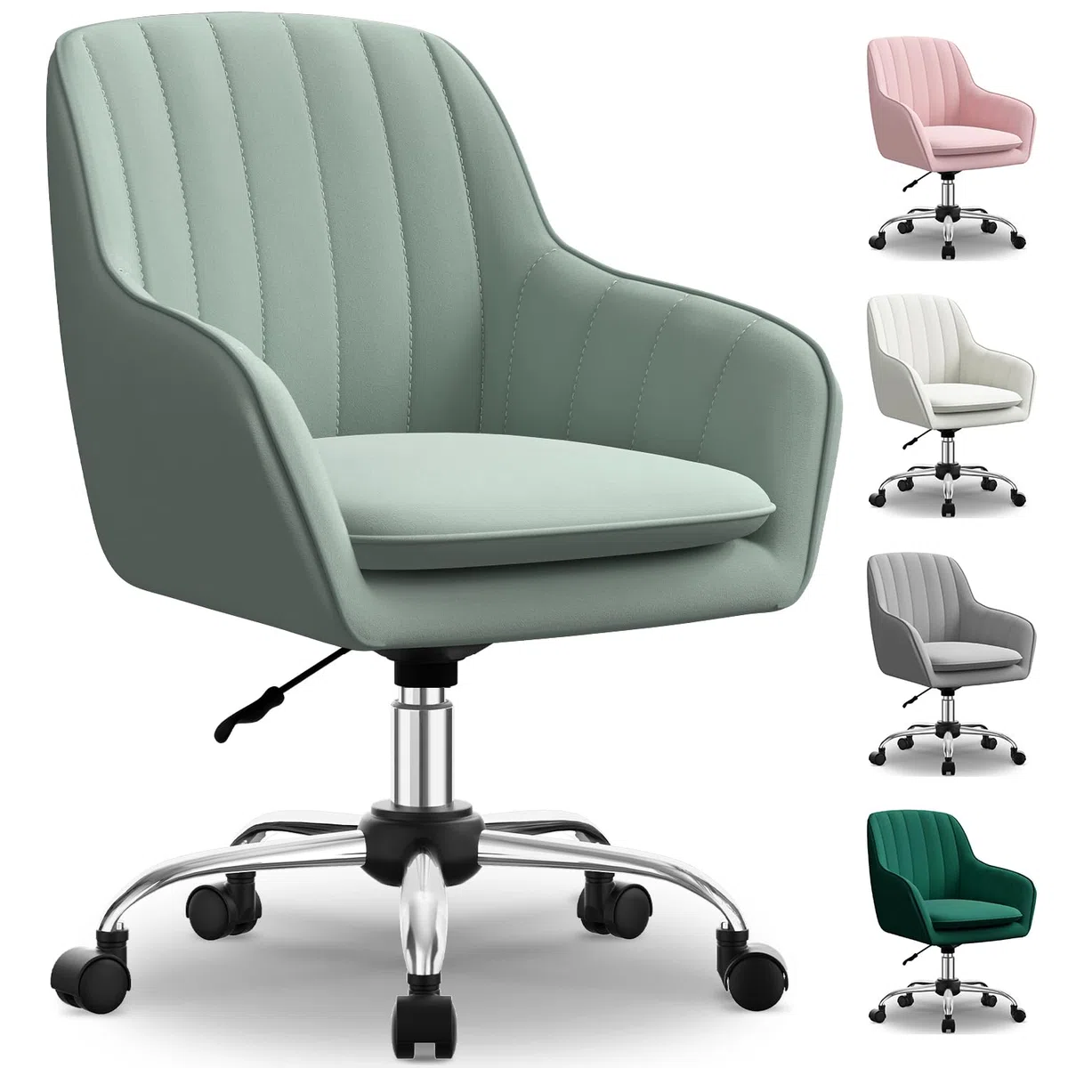 Schreibtischstuhl,Bürostuhl mit gepolstertem Samtstoff,Schminktisch Stuhl,höhenverstellbar Drehstuhl,Homeoffice Stuhl bis 150 kg belastbar,für Arbeitszimmer, Schlafzimmer, Büro,Erbsengrün