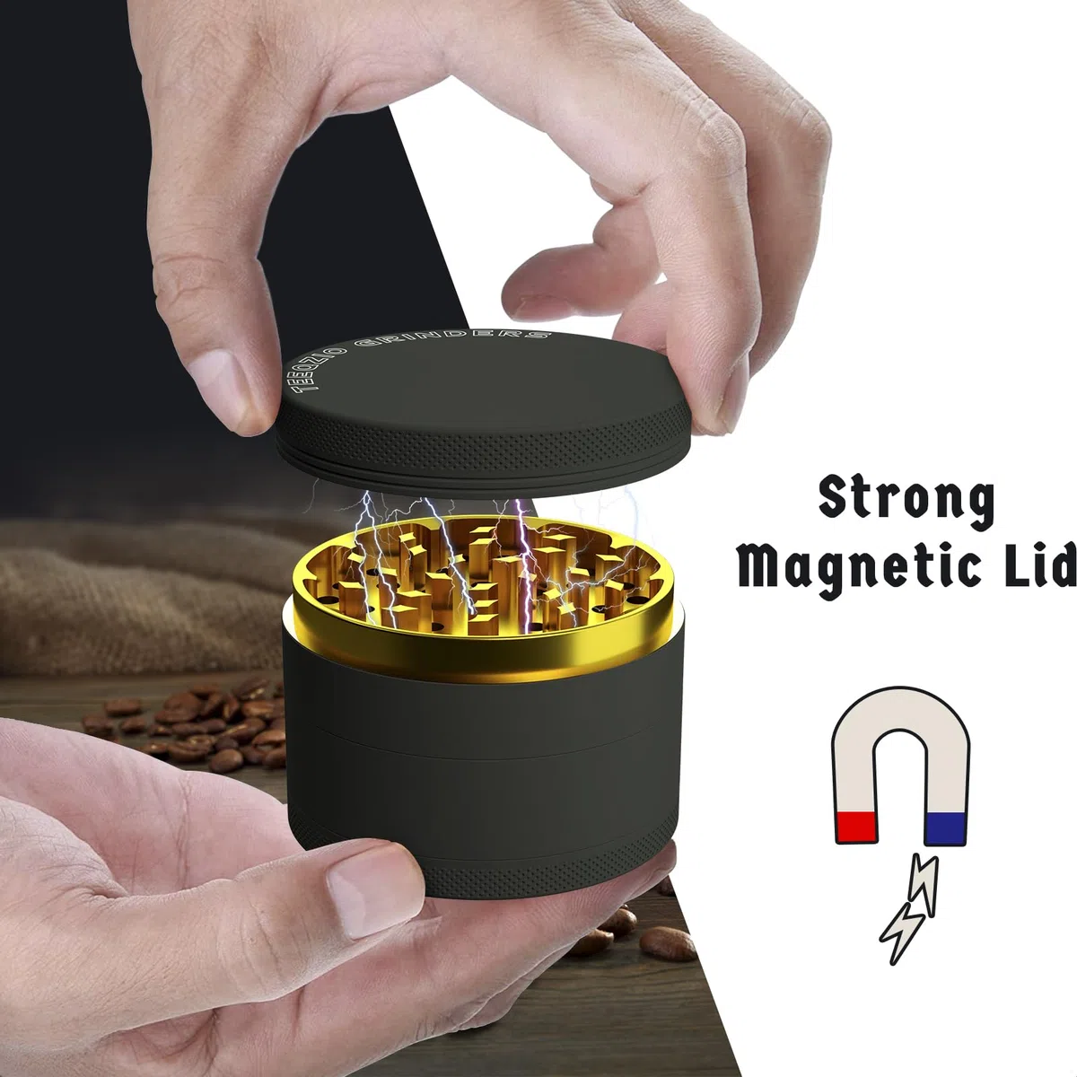 Pollen Grinder Crusher Ø 75 mm aus Aluminiumlegierung mit 4-Teilig, für Spice, Kräuter, Gewürze, Herb, Kaffee mit Pollen Scraper und Pinsel (Schwarz & Gold)