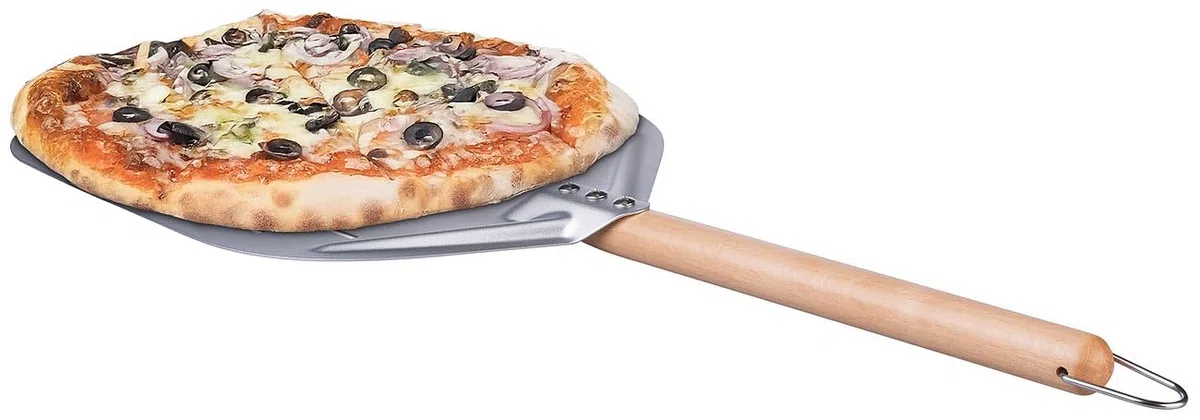 Pizzaheber: Perforierter Pizzaschieber mit Aluminium-Schaufel & Holzgriff, Ø 30 cm (Pizzaschieber Edelstahl, Hölzer, Backofen)
