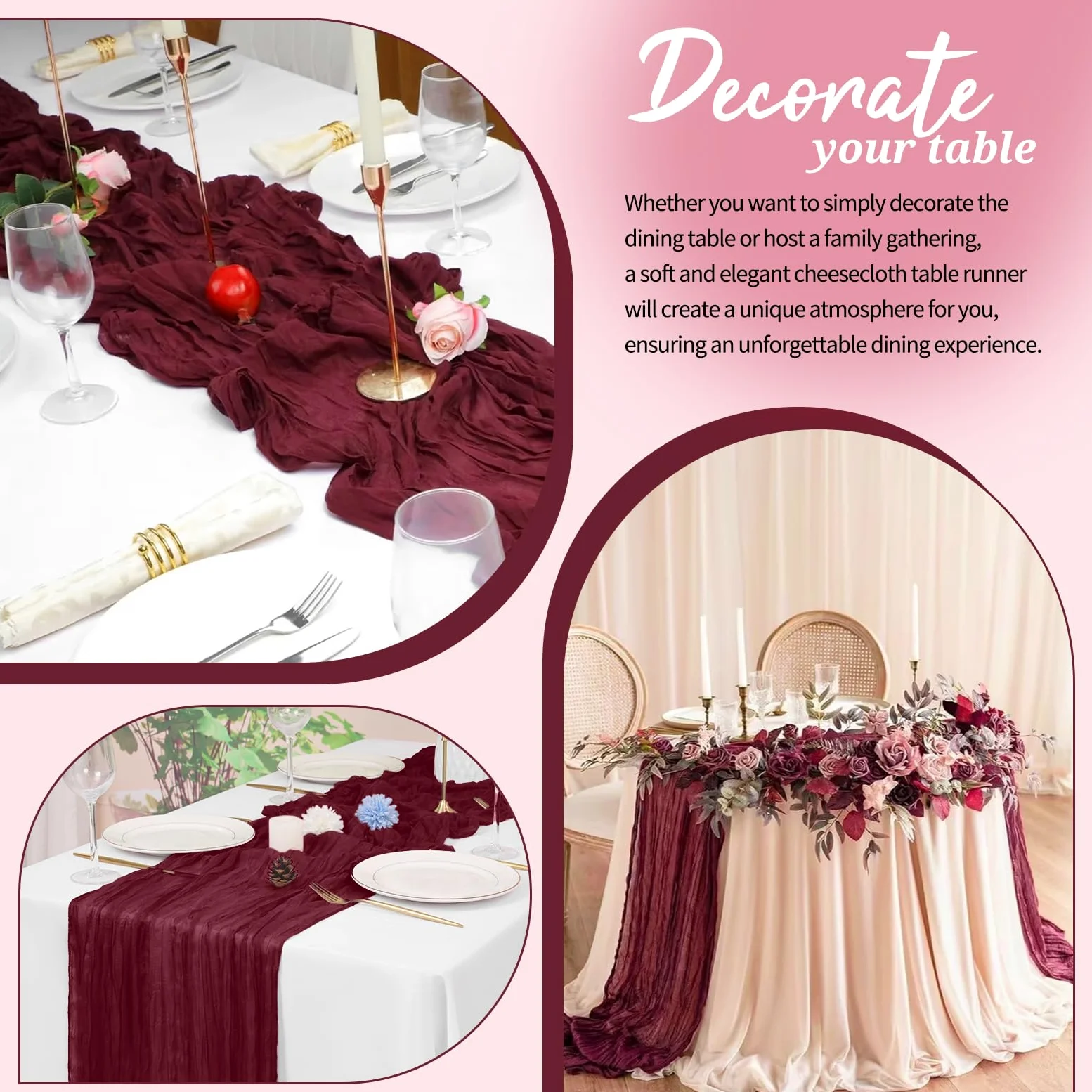 6 Stück Burgund Käsetuch Tischläufer 45 x 275 cm rustikaler Gaze Stoff Tischläufer Romantisch Hochzeits Seihtuch Tischläufer für Hochzeiten, Festivals, Jubiläum, Abendessen, Outdoor -Partys