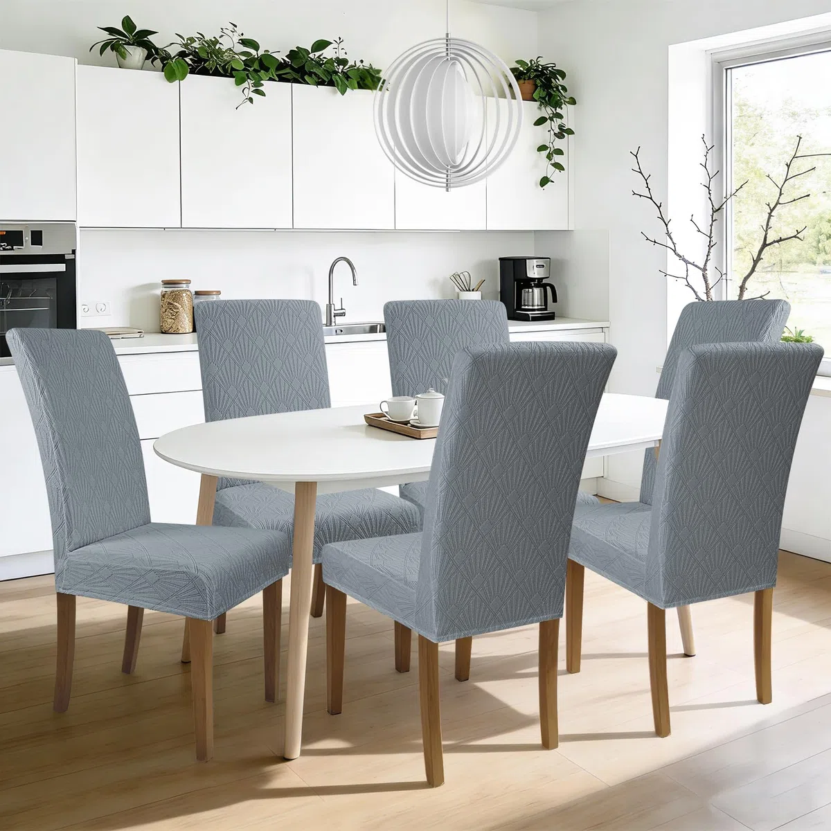Alishomtll Stuhlhussen 6er Set Stuhlbezug Jacquard Hussen für Stühle Elastische Stuhlhussen Schwingstühle Abnehmbarer Esszimmer Stuhlbezüge Freischwinger für Küche Restaurant Hotel Bankett (Grau)