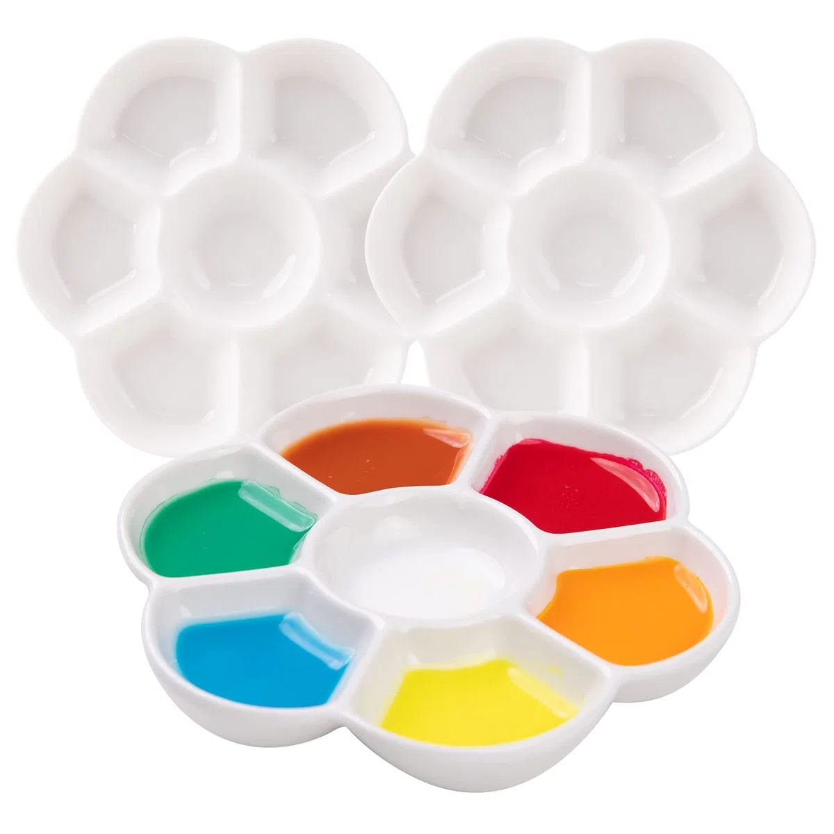 MEEDEN 7-Well Studio Porzellan Tablett, 3er-Set mit Farbbox, Künstler Misch Farbtablett von 12 cm (4,7 Zoll) für Aquarell Gouache Malerei, Rund, Weiß