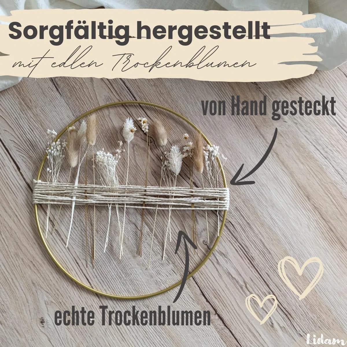 Trockenblumenkranz Natur im Bohostil | Handgemachter Metallring mit | Fensterdeko hängend modern, Türkranz ganzjährig, Wanddeko Wohnzimmer Trockenblumendeko, Haustür Deko