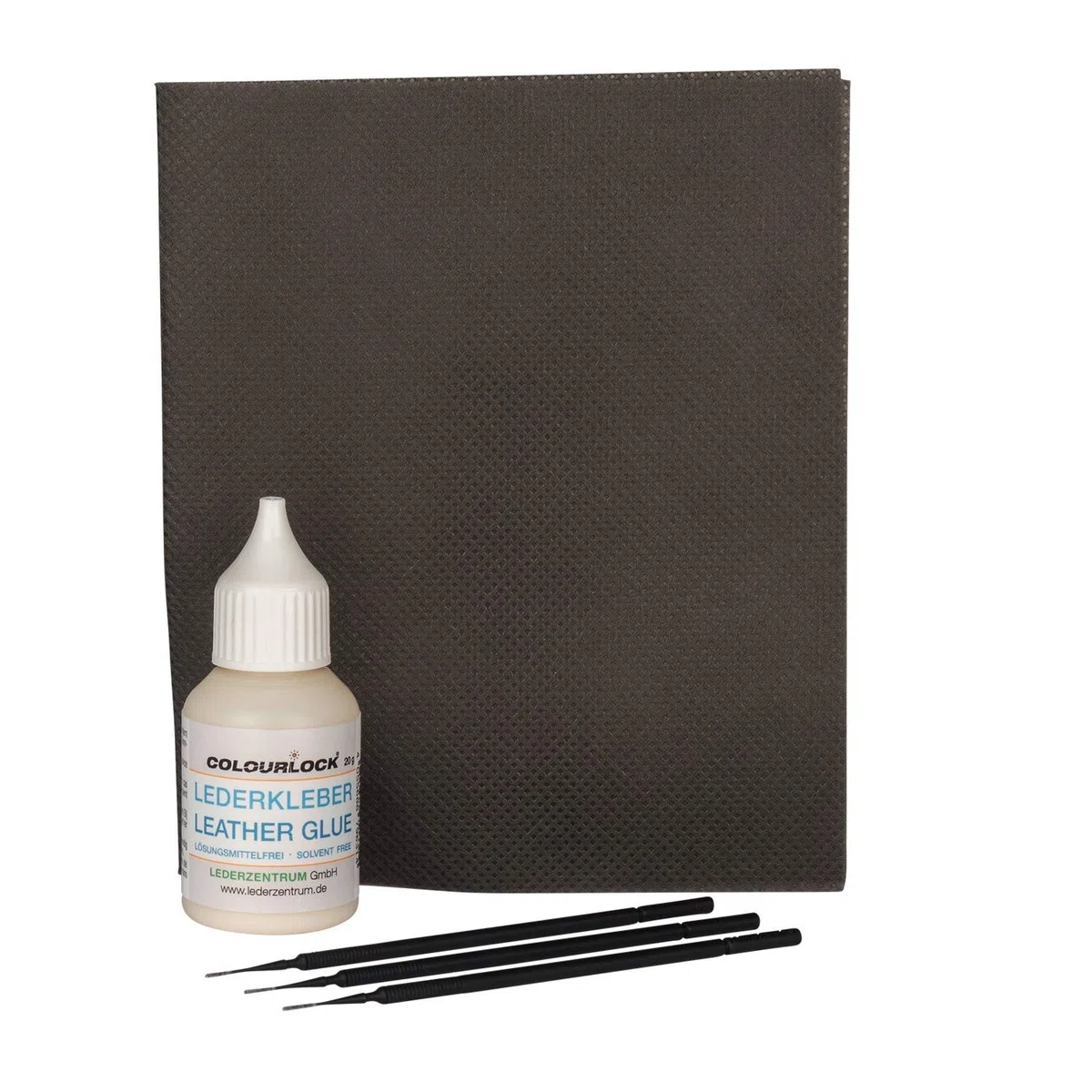 COLOURLOCK Riss-Reparatur-Set mit 20g lösungsmittelfreiem Lederkleber, Spannstoff und 3 Minipinseln für die Reparatur von Löchern und Rissen in Leder und Kunstleder