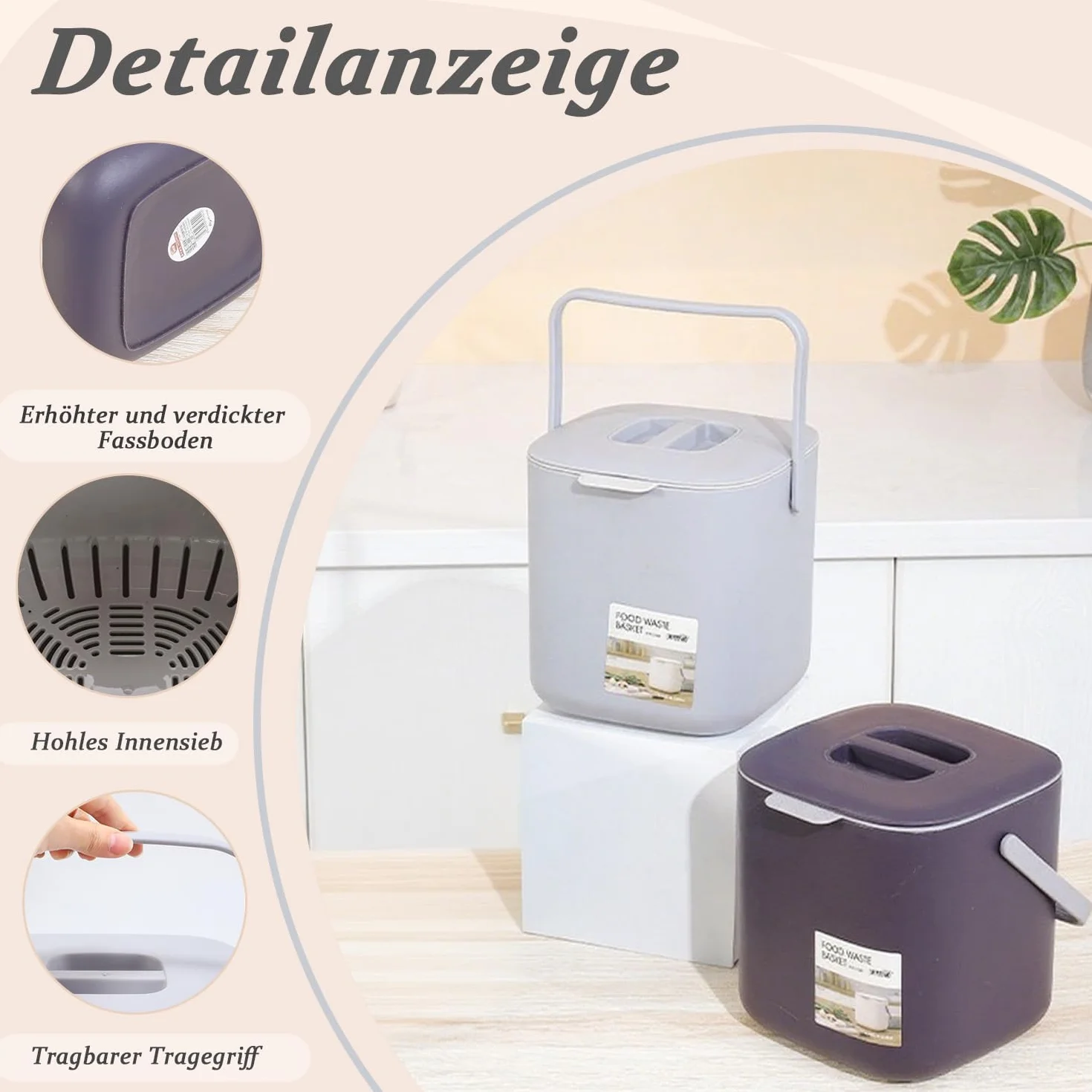 Biomülleimer Küche, 4L Komposteimer Küche, Kleiner Mülleimer mit Deckel, Biomüll Behälter mit Sieb, Spülmaschinenfest, Küchenkomposter für Alltäglichen Biomüll, Bio Mülleimer Geruchsdicht（Lila）
