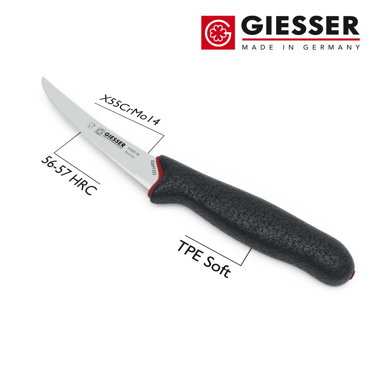 Giesser seit 1776 - Made in Germany - Ausbeinmesser rutschfest PrimeLine, starke Klinge 15 cm, schwarz, scharfes Metzgermesser spülmaschinenfest, rostfrei