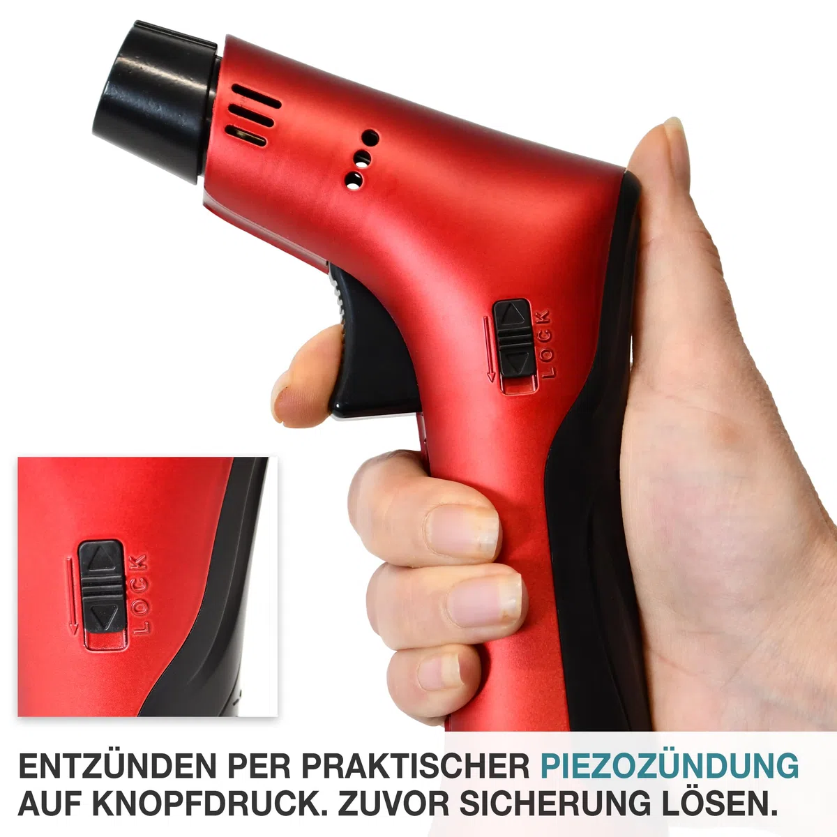 TOM Flambierbrenner Set MIT Gas befüllt + 1 x Butangas Kartusche – Profi Gasbrenner mit Sicherheitsschloss für Küche, Haushalt, Camping & Werkstatt – nachfüllbar – in zwei Farben – Jetflame (Rot)