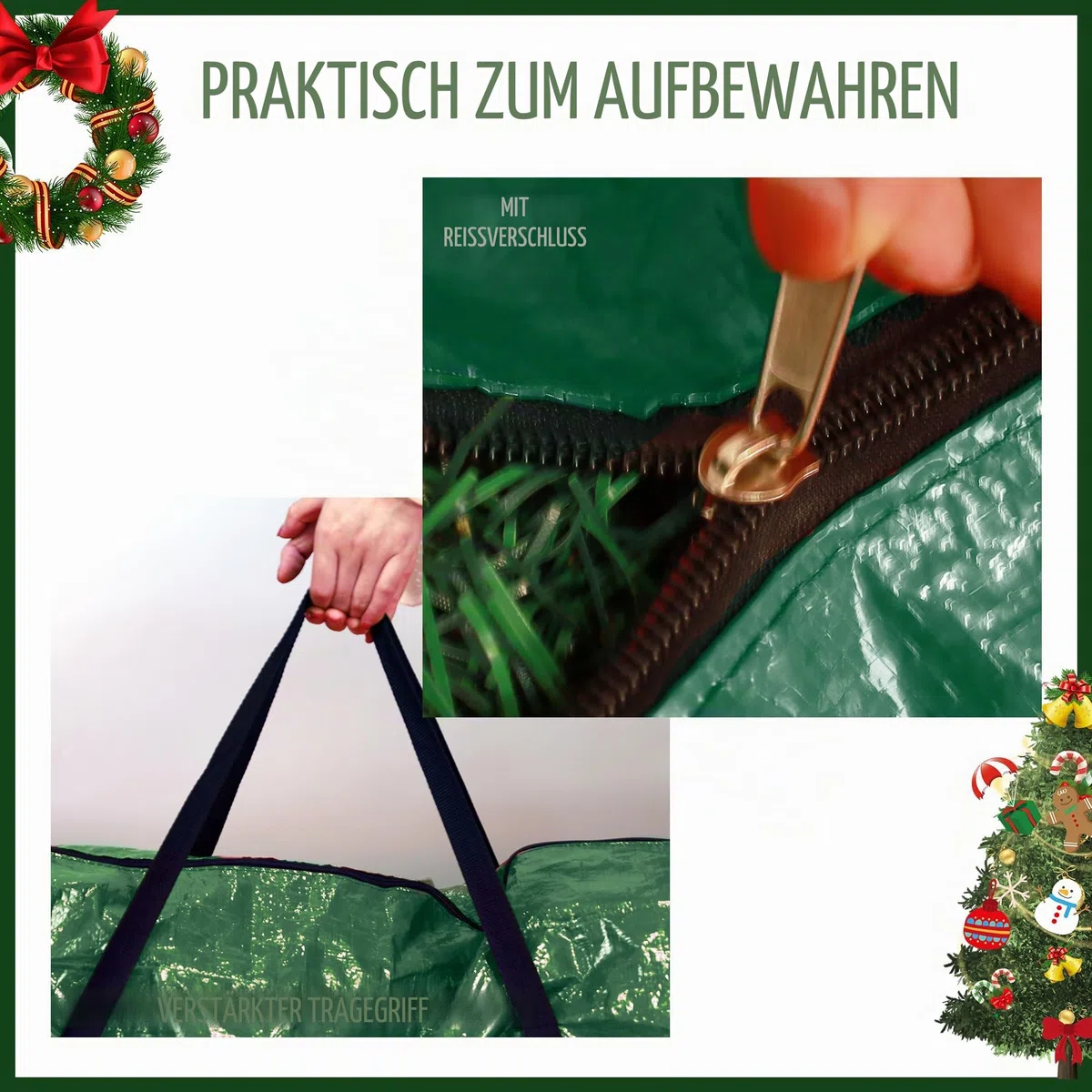 RICHIE Künstlicher Weihnachtsbaum Aufbewahrungstasche für 2,5m Tannenbaum, Aufbewahrungstasche für Weihnachtsbaum, praktisch zur Aufbewahrung von Weihnachtsbäumen, Verstärktem Tragegriff (Grün)