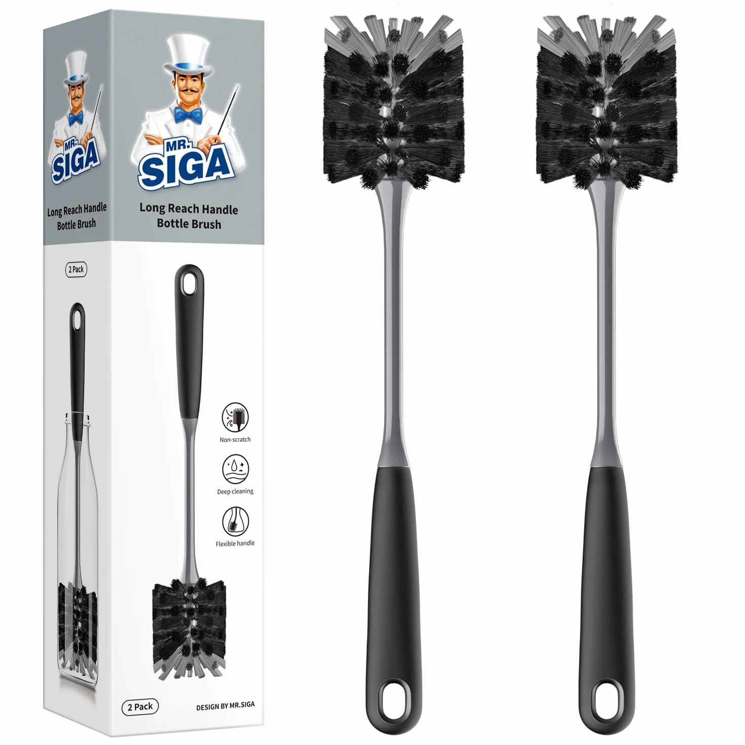 MR.SIGA Flaschenbürste mit langem Stiel, Flexible Bürste für Wasserflaschen, Glaswaren und Becher, Schwarz, 2er-Pack