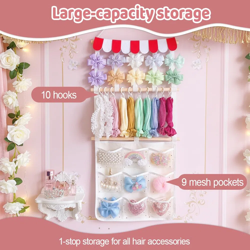 MiOYOOW Hängender Stirnbandhalter, Haaraccessoire Organizer, Boho Stirnband Aufbewahrungsregal mit 10 Haken und 9 Netztaschen für Haarspangen, Haarbänder und Haargummis