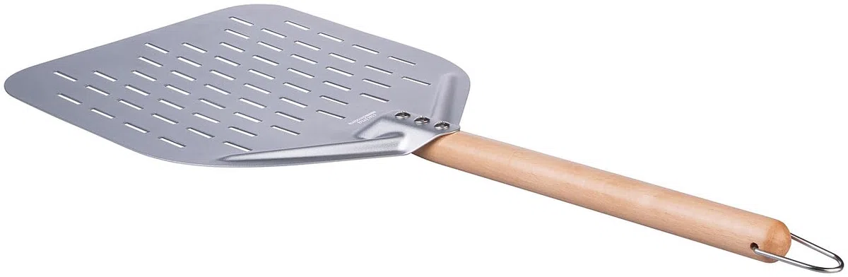 Pizzaheber: Perforierter Pizzaschieber mit Aluminium-Schaufel & Holzgriff, Ø 30 cm (Pizzaschieber Edelstahl, Hölzer, Backofen)