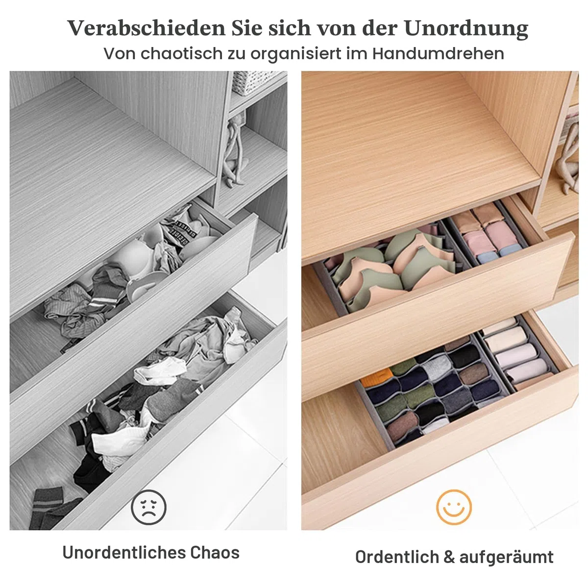 Yucch 8er Set Unterwäsche Organizer – faltbare Stoffboxen für Schubladen mit 5/6/8/20 Fächern, platzsparendes Ordnungssystem für BHs, Socken und Krawatten – Grau