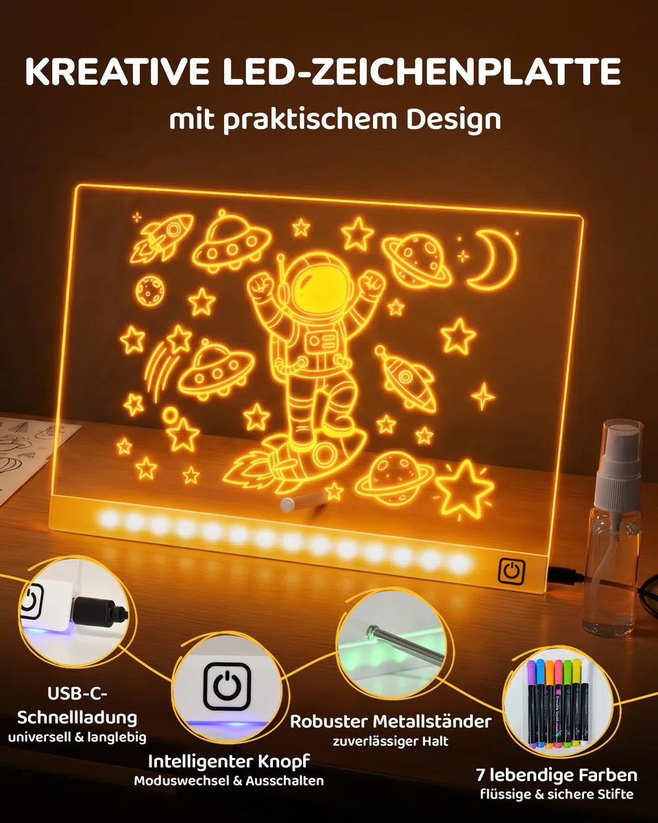 KOKODI LED Zeichentafel für Kinder, leuchtendes Malbrett 37x27 cm mit 7 Stiften, USB-C, kreatives Lernspiel, Geburtstags- und Weihnachtsgeschenk für Jungen und Mädchen (Weiß)