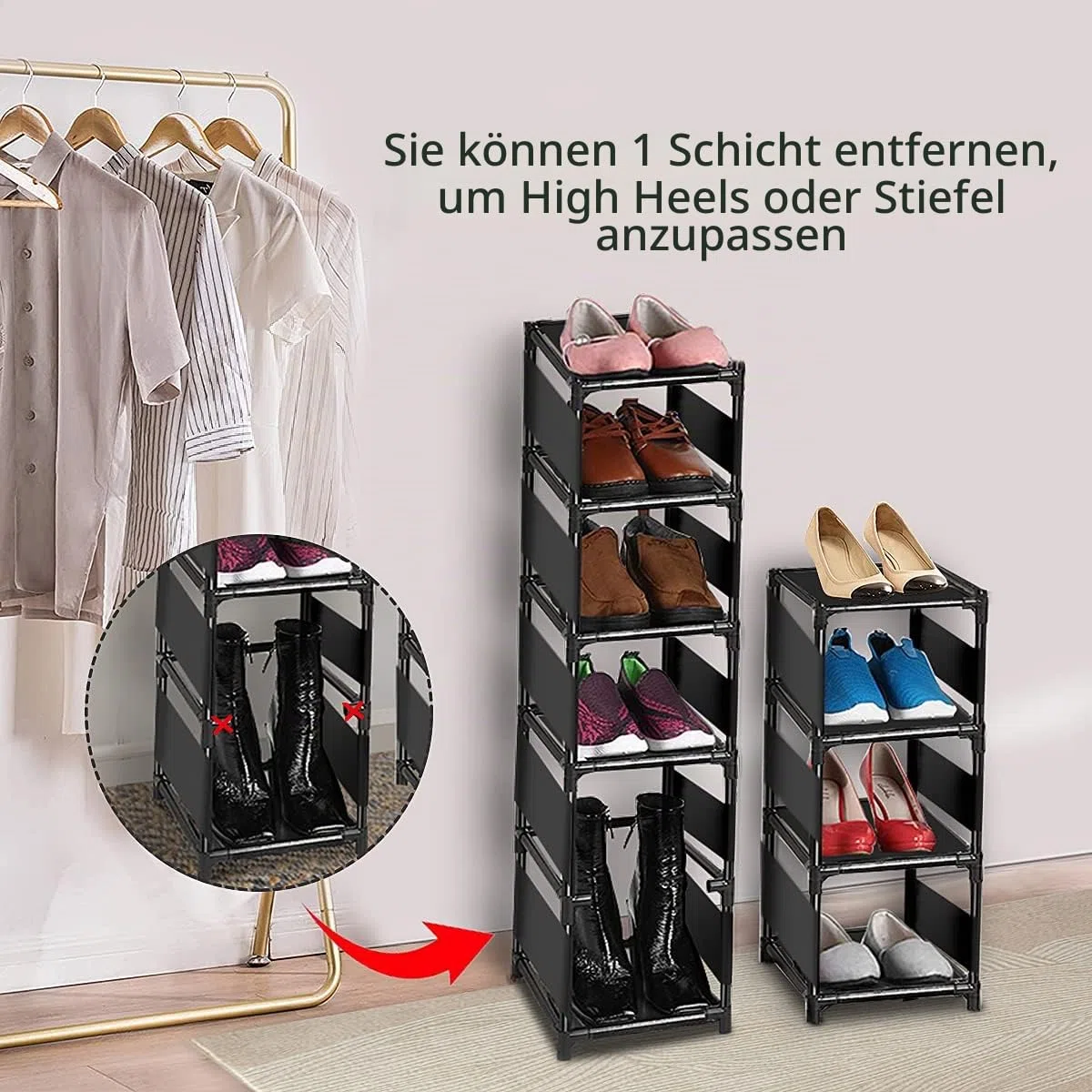 esonstyle Schmaler Schuhregal 10 Ebenen, Platzsparender Schuhschrank, 158 x 33 x 28 cm, Metallgestell, Einlegeböden aus Vliesstoff, geeignet für Wohnzimmer,Eingangsbereich, Flur, Garderobe, Ecke