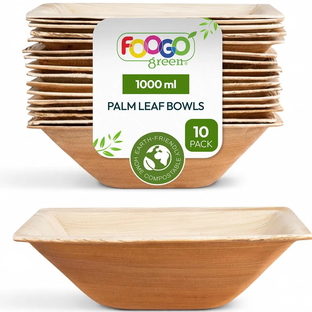 FOOGO Green 10x Palmblatt Schalen eckig 1000 ml 20x20 cm – kompostierbar & naturbelassen – extra stabil & fettresistent – nachhaltiges Einweggeschirr