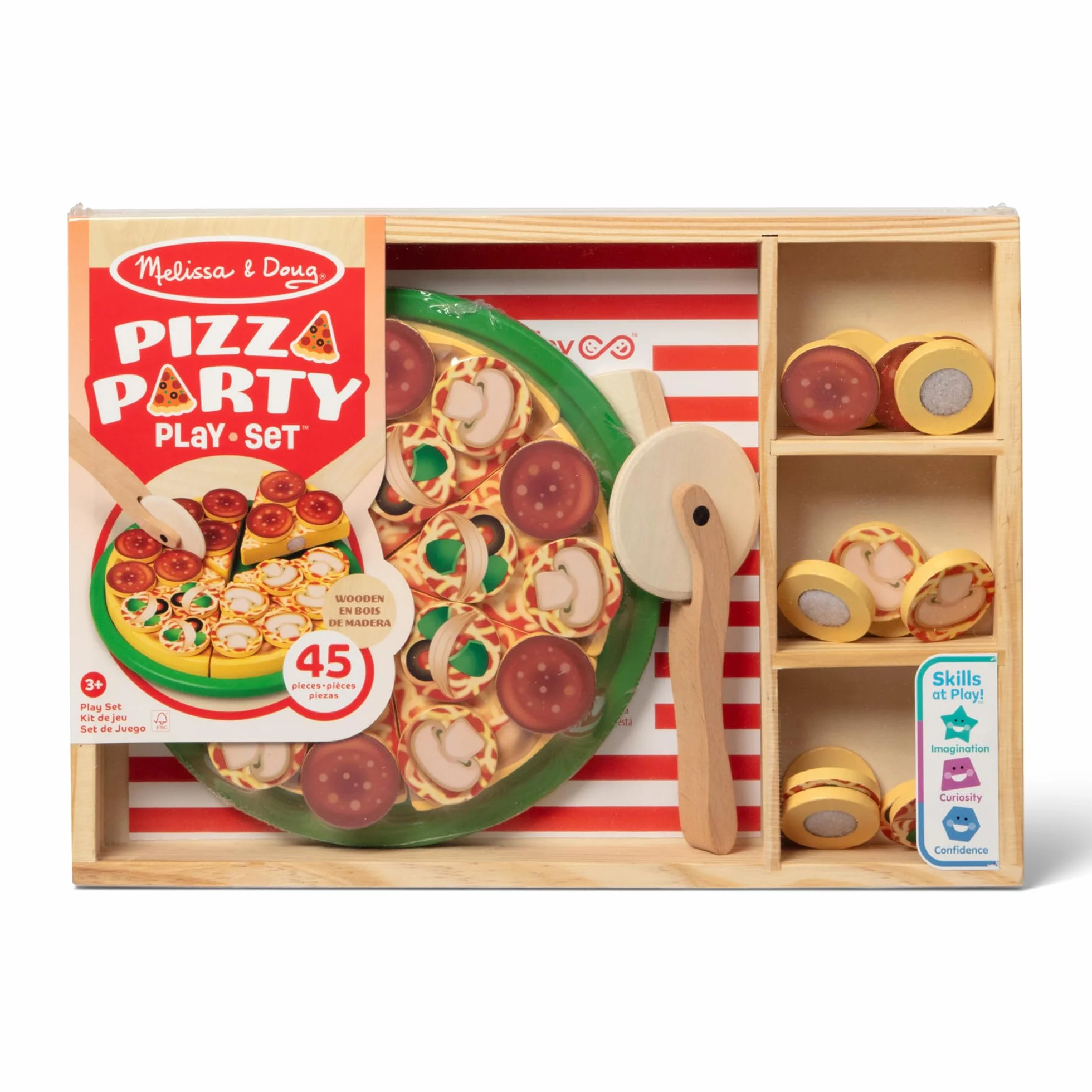Melissa & Doug - Pizza-Party-Spielset aus Holz, 45-teilig,mit Pizzaschneider, Pizzateller, Holzspatel und Holzbox, Für Kinder ab 3 Jahren