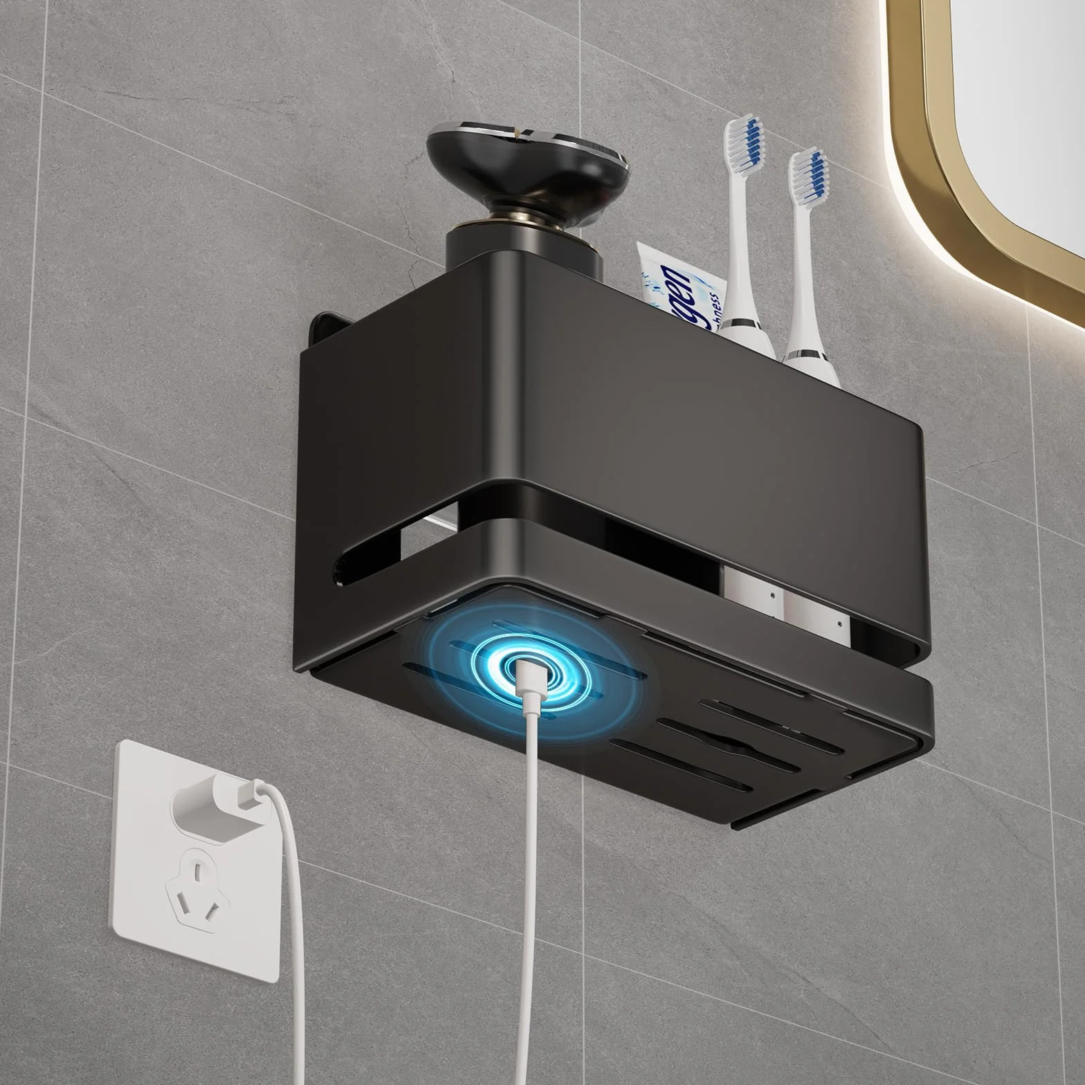 Elektrischer Zahnbürstenhalter aus Aluminium – Zahnbürstenhalter zur Wandmontage im Badezimmer (Schwarz, Doppelschlitz)