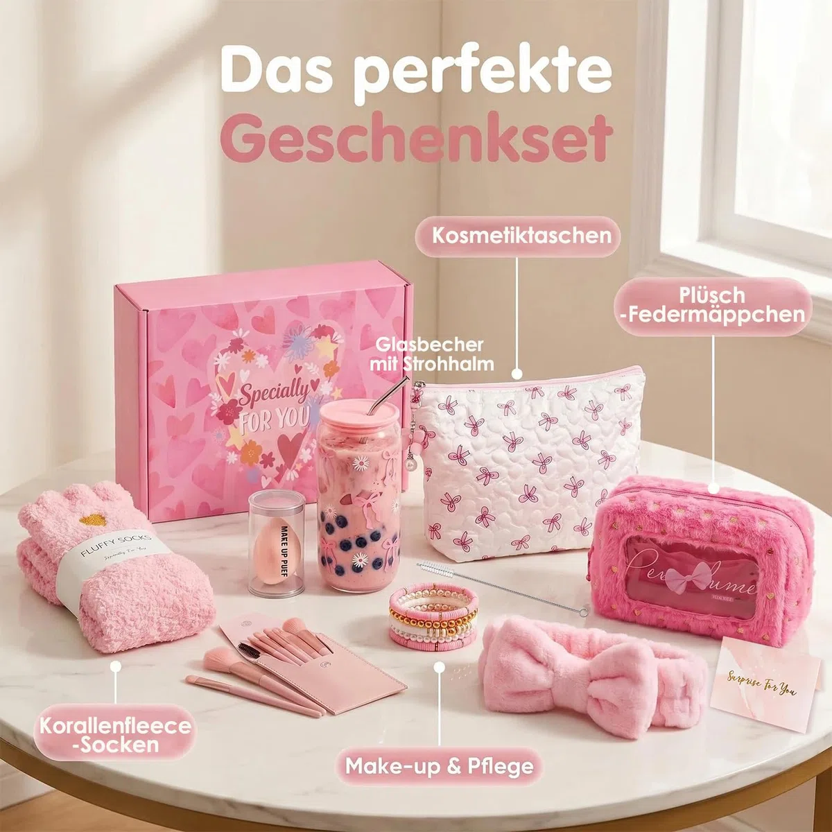 Geschenke für Mädchen, Geburtstagsgeschenk für 9 10 11 12 13 14 15 16 17 18 Jährige Mädchen Teenager mit Kosmetiktasche, Glas, Socken, Haarband, Pinselset Geschenkidee für Freundin Schwester