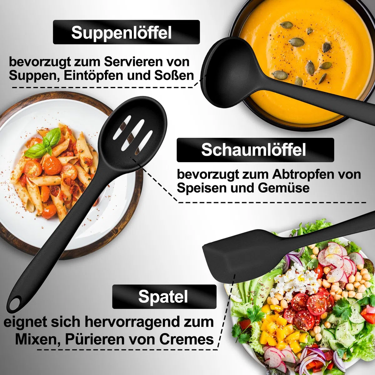 Küchenhelfer Set, 43-teiliges Silikon Kochutensilien Kochbesteck Set, Hitzebeständiger Kochgeschirr mit Utensilienhalter, Antihaft Kochset Küchenutensilien, Spülmaschinenfest - Schwar