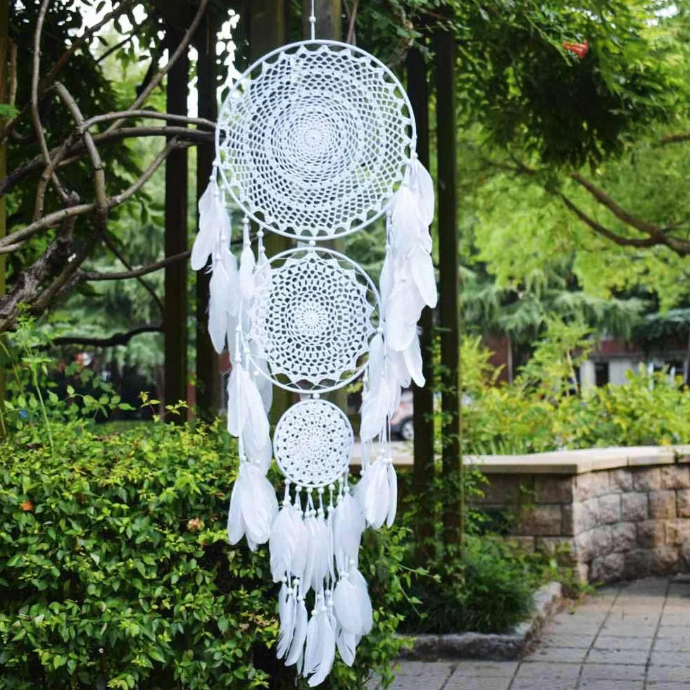 Extra Großer Traumfänger im Boho-Stil, mit 3 Kreisen, weißer Feder, Makramee, Wandbehang für Vintage-Hochzeit oder zur Heimdekoration, 35 cm Kreis, 110 cm lang