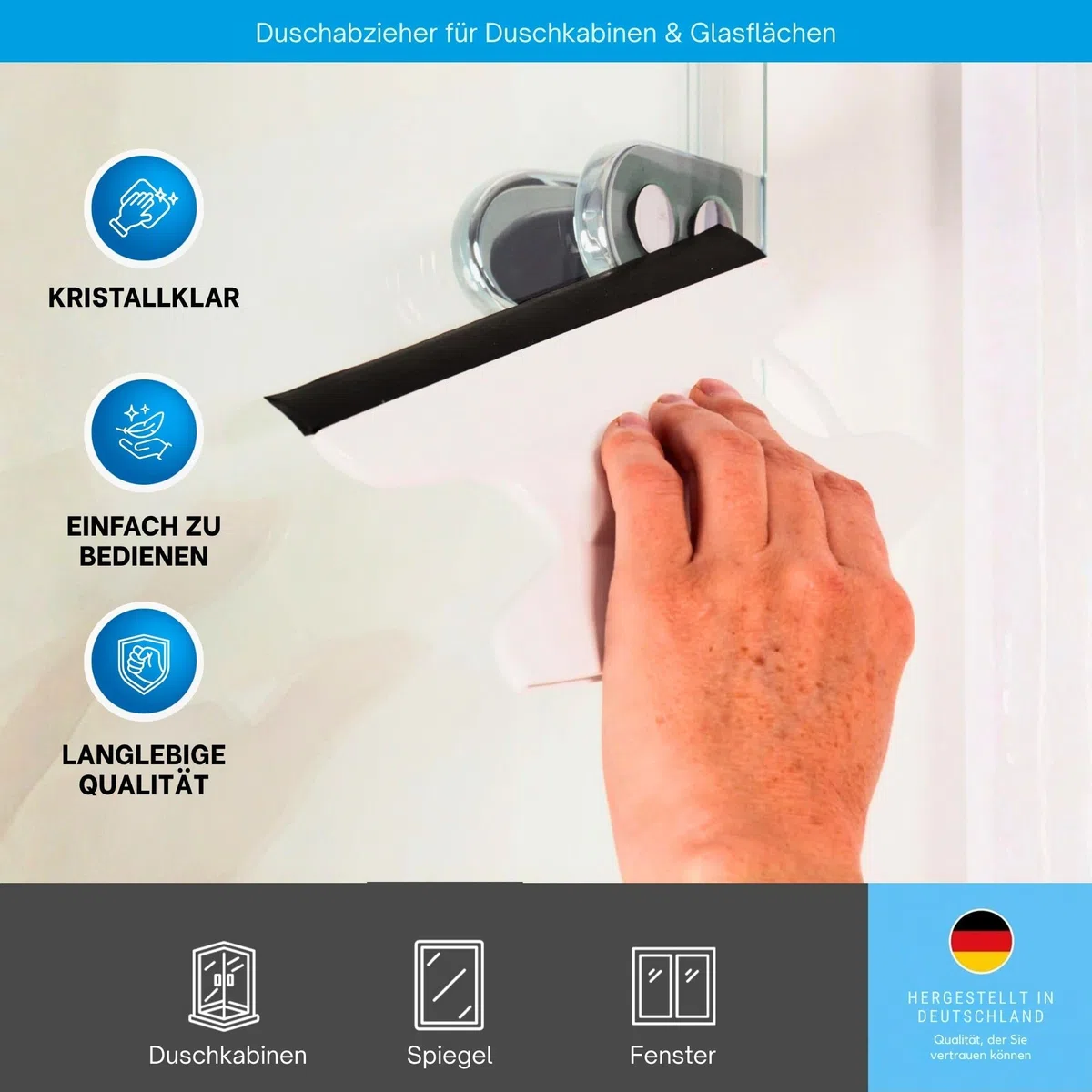 Duschabzieher & Glasabzieher für Bad - ABS-Kunststoff Abzieher Dusche mit 2 Scheibenwischerblättern für Gerade & Gebogene Duschkabine, Spiegel Bad, & Fenster mit Aufhängeschlaufe - Weiß